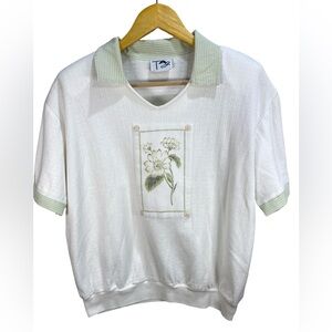 Vintage TAG Cottagecore Cream Blouse Gingham Collar Floral Patch M